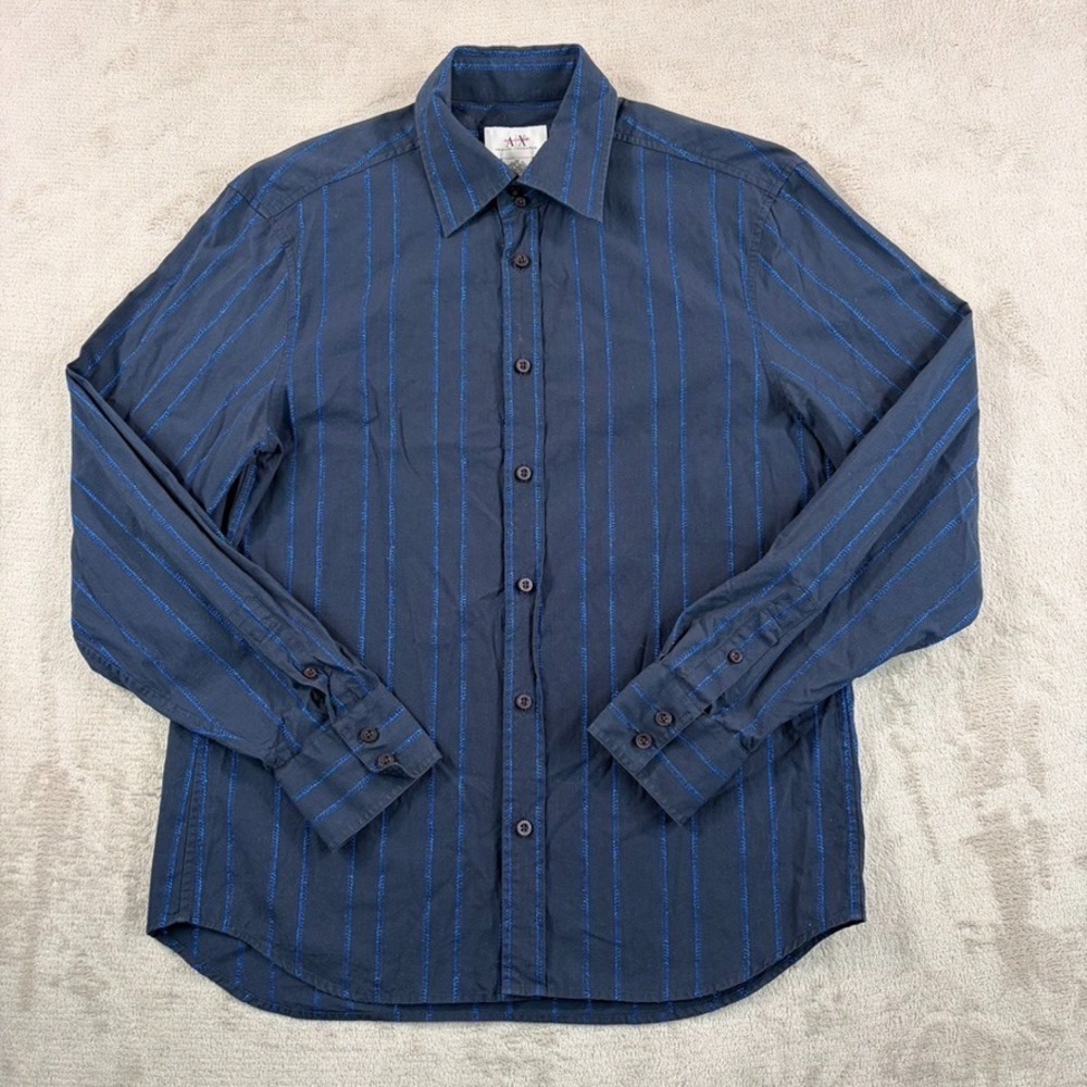 Vintage 90s AX Armani Exchange Shirt in Navy Blue Metallic‎ Striped Men Medium